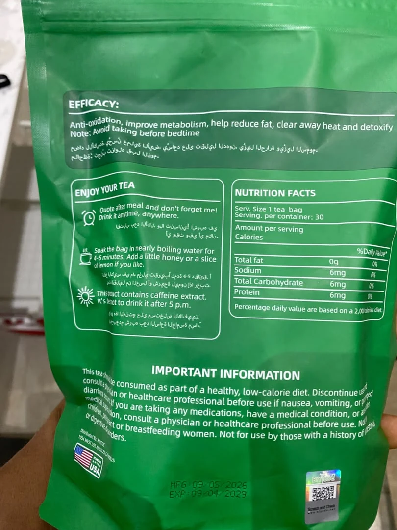 Biyodé Green Tea ingredients and directions on rear packaging