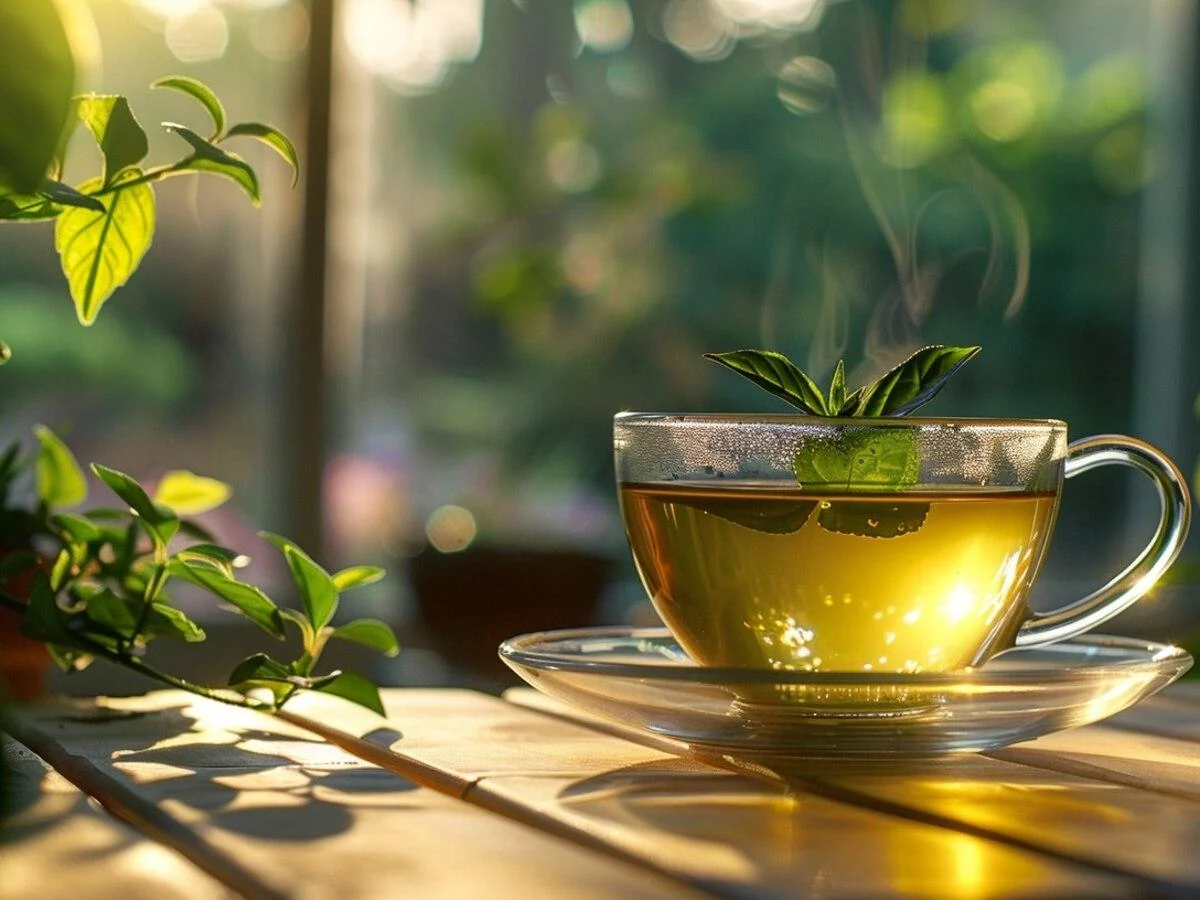 Tea bag steeping into a clear glass cup